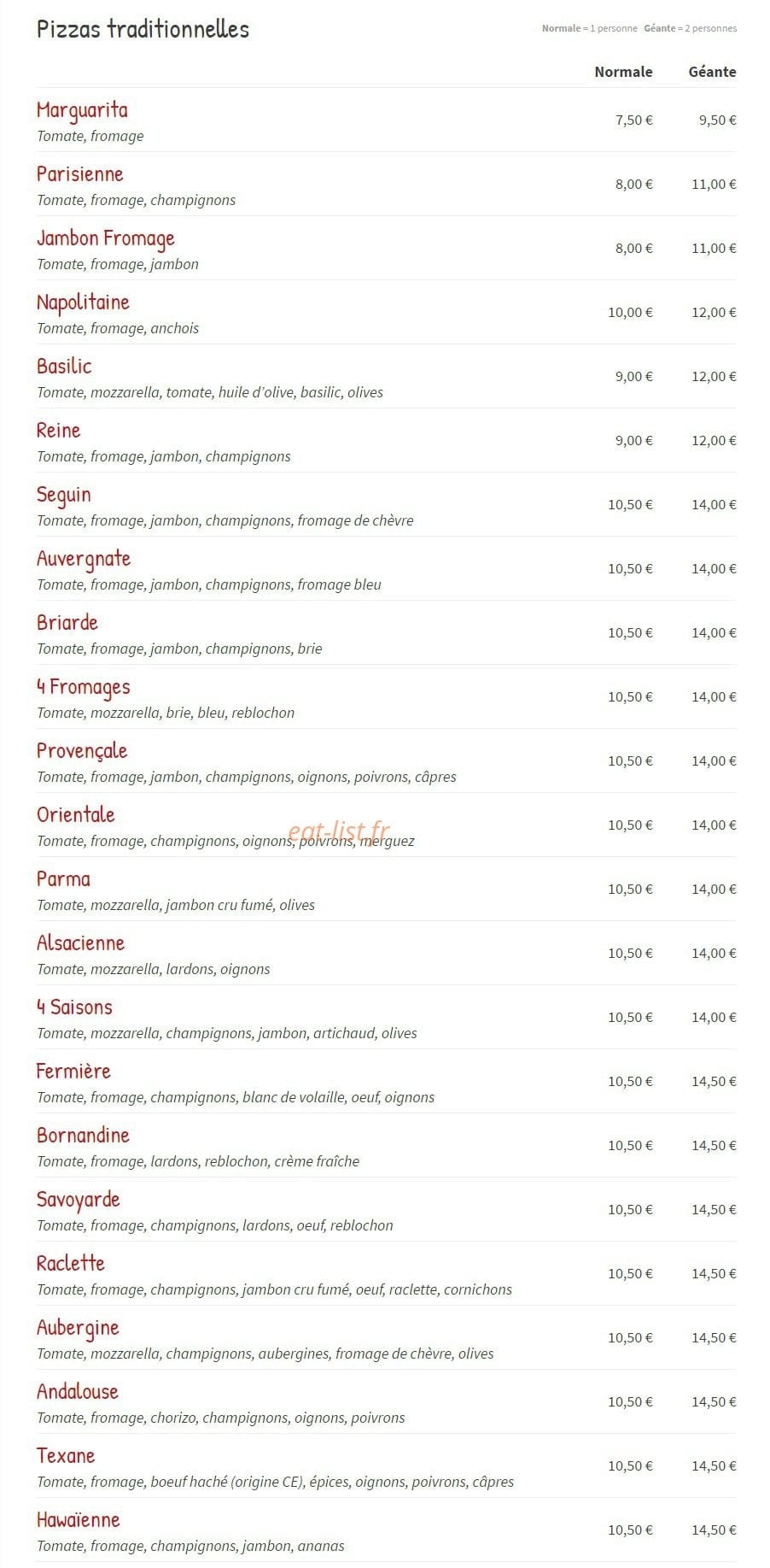 Vallé Pizza — carte page 1