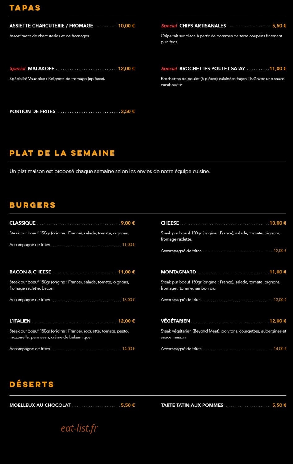 Carte et menu de Brasserie Adennes à Saint Julien en Genevois — Tapas, plats, burgers et desserts