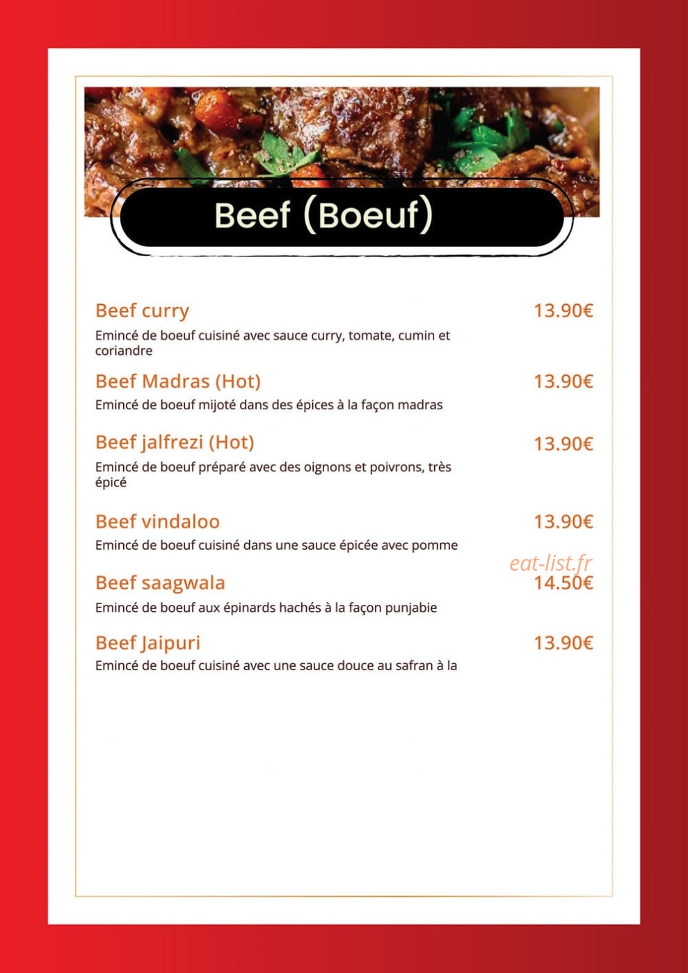 Carte et menu de Indian Masala à Saint Julien en Genevois — Les bœufs