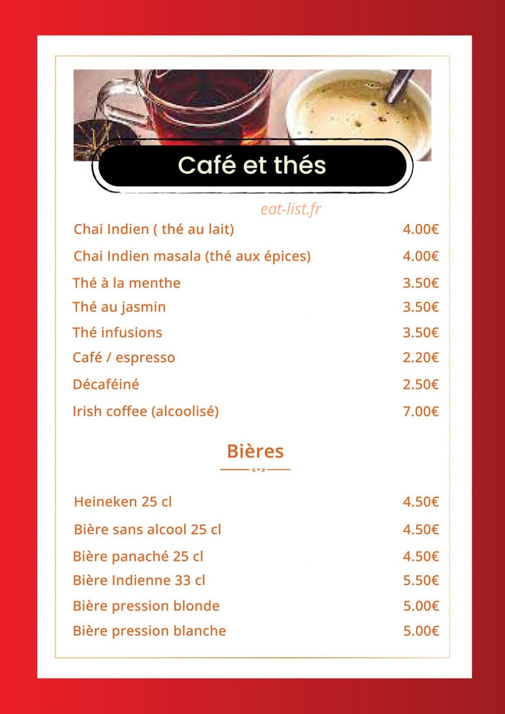 Carte et menu de Indian Masala à Saint Julien en Genevois — Les cafés et thés