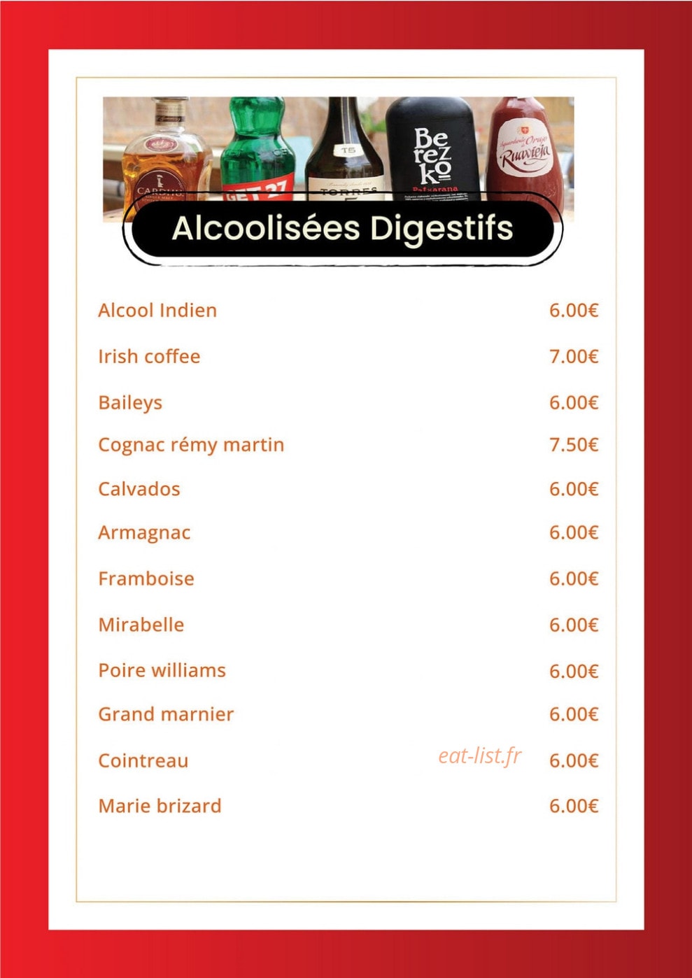 Carte et menu de Indian Masala à Saint Julien en Genevois — Les alcoolisées digestifs