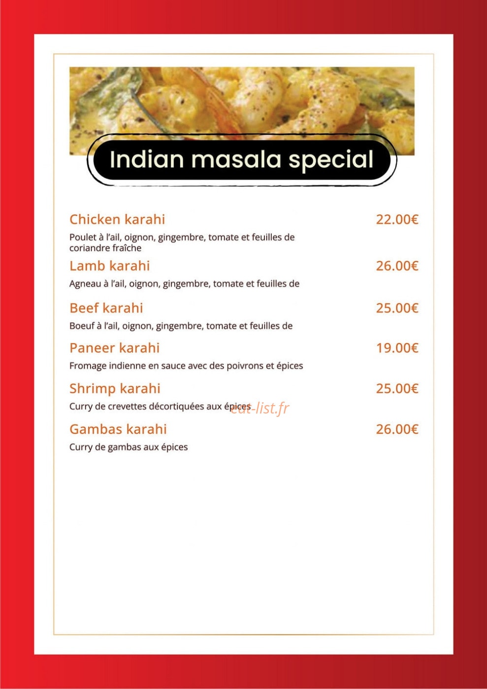 Carte et menu de Indian Masala à Saint Julien en Genevois — Les spéciales