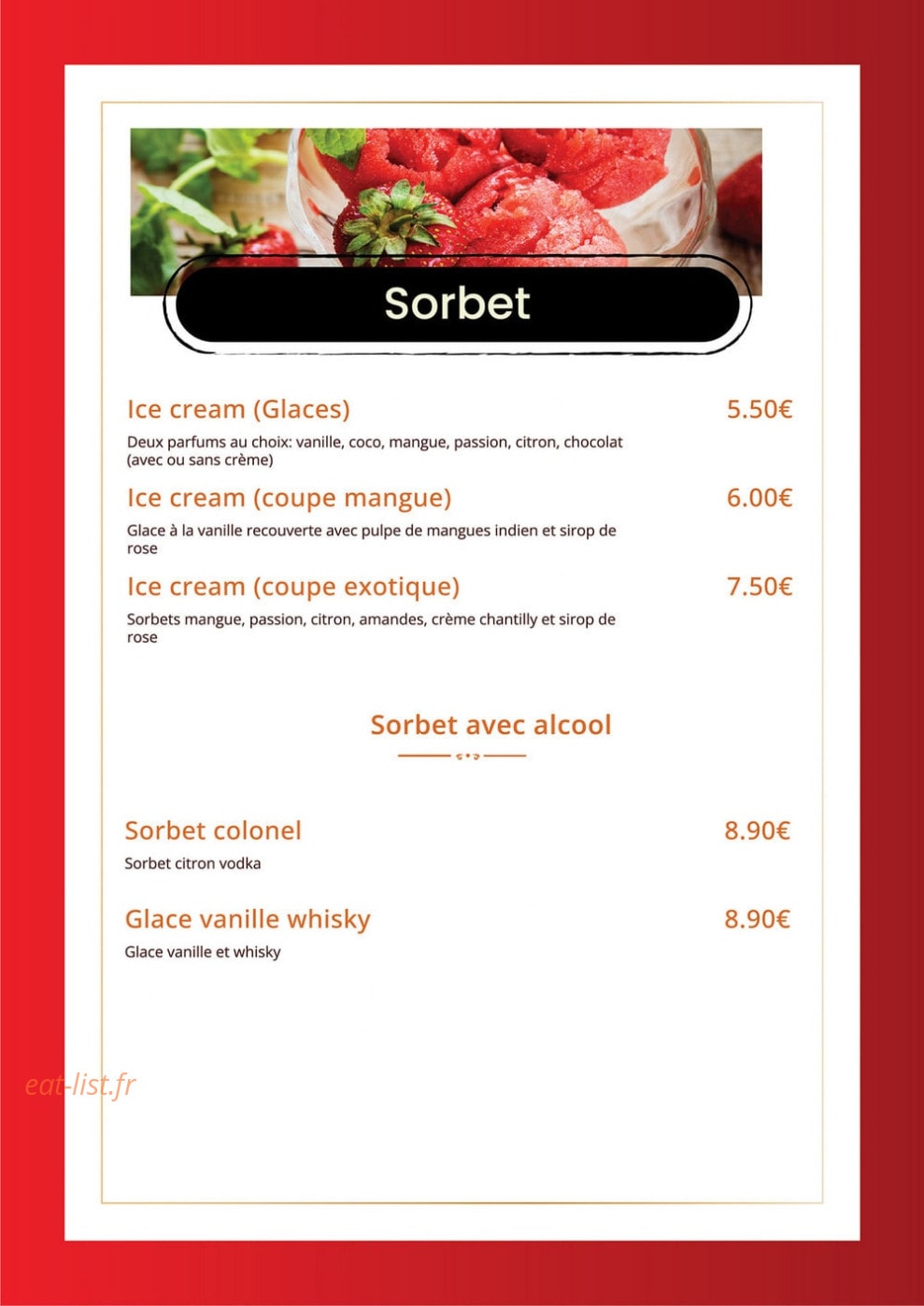 Carte et menu de Indian Masala à Saint Julien en Genevois — Les sorbets