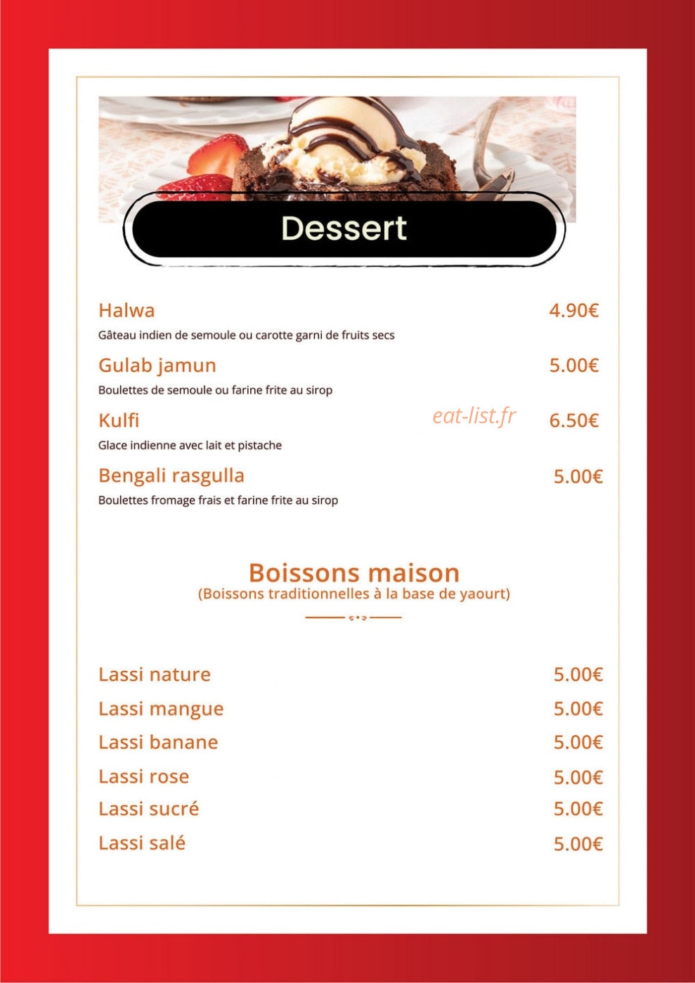 Carte et menu de Indian Masala à Saint Julien en Genevois — Les desserts et boissons