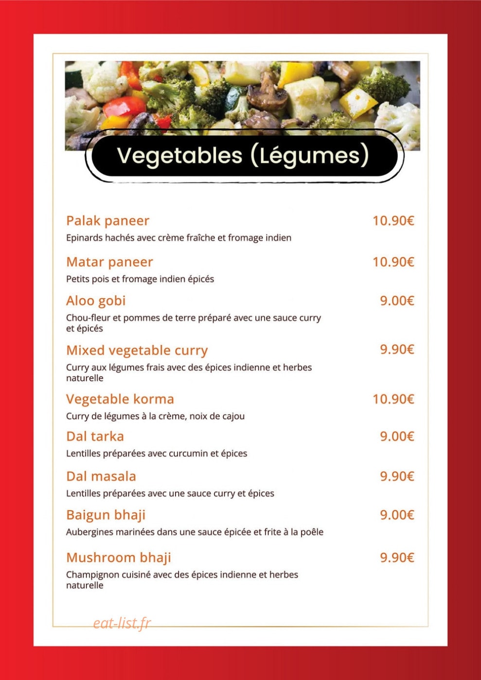 Carte et menu de Indian Masala à Saint Julien en Genevois — Les légumes