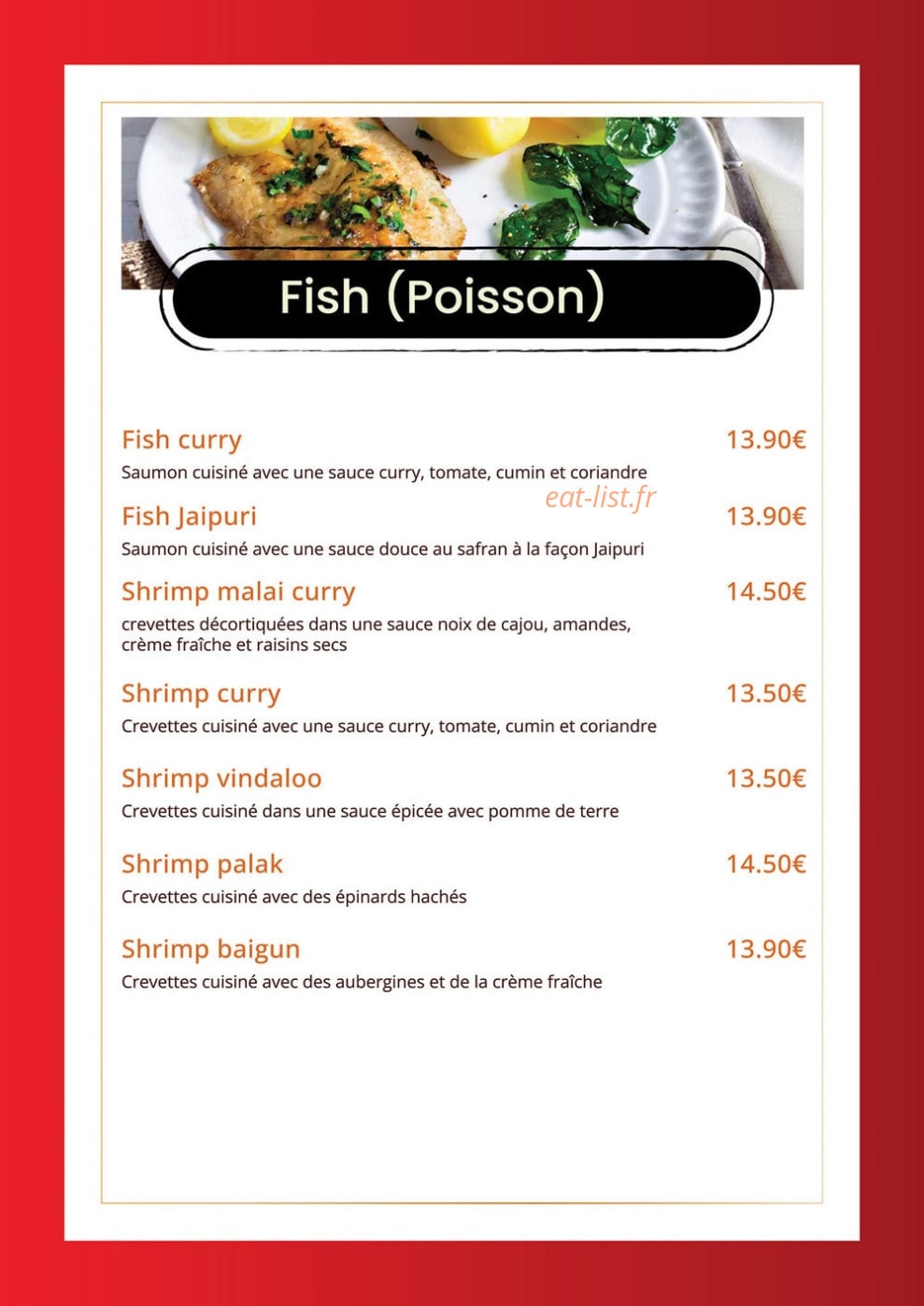 Carte et menu de Indian Masala à Saint Julien en Genevois — Les poissons