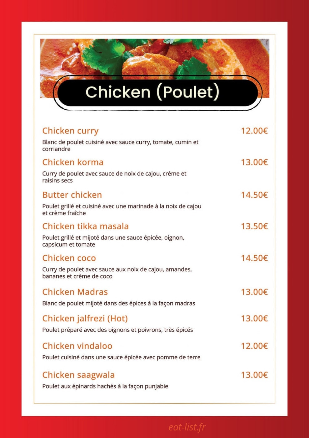 Carte et menu de Indian Masala à Saint Julien en Genevois — Les poulets