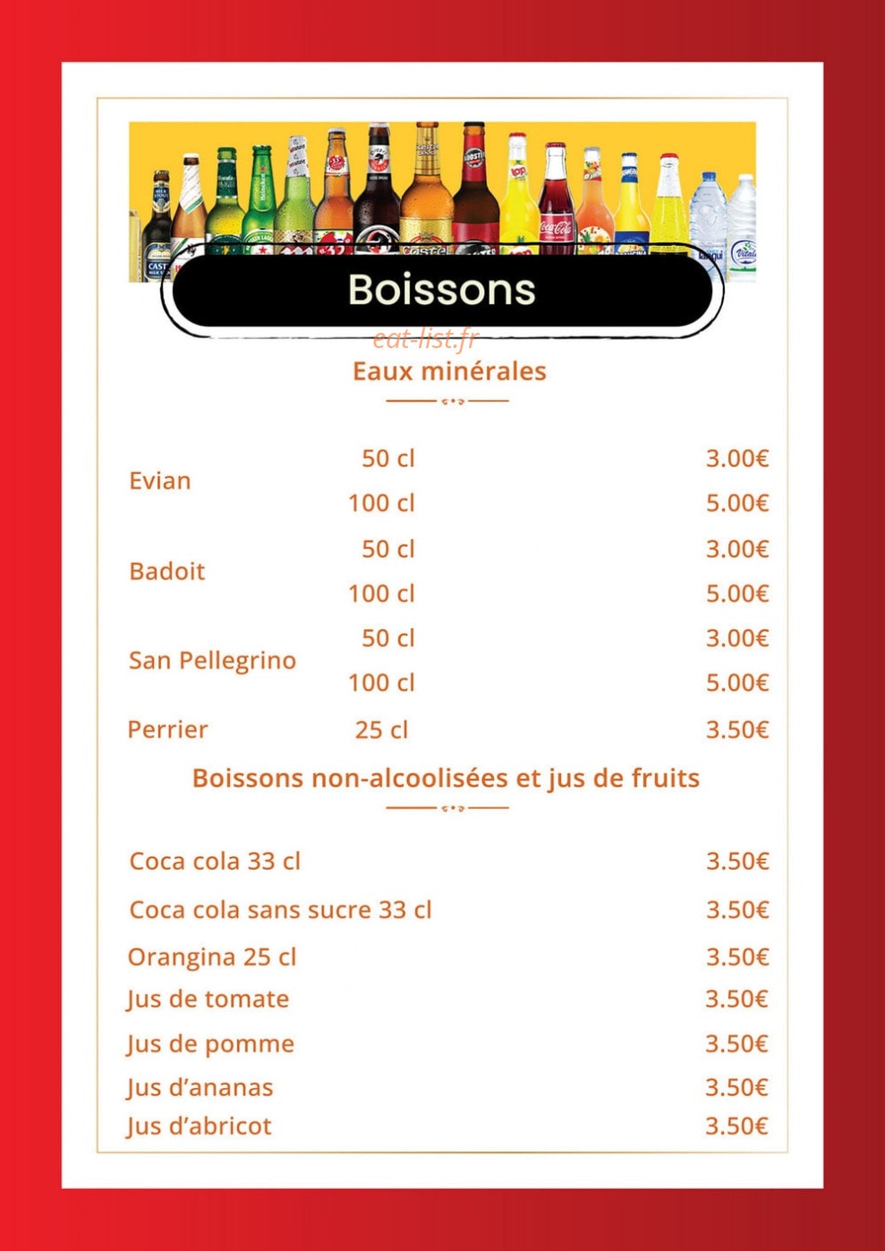 Carte et menu de Indian Masala à Saint Julien en Genevois — Les boissons