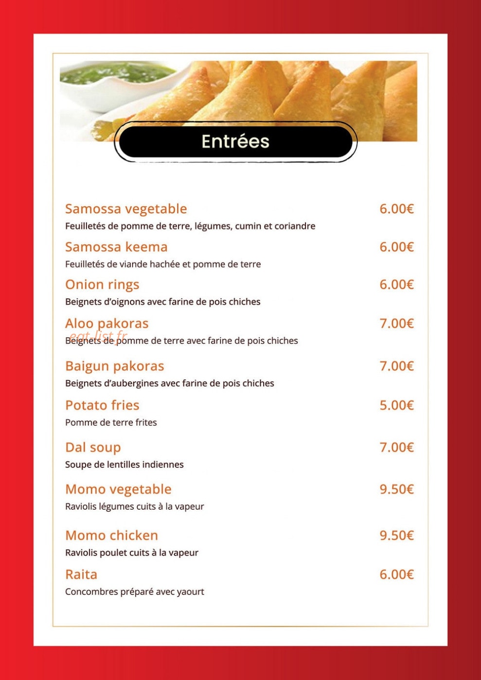 Carte et menu de Indian Masala à Saint Julien en Genevois — Les entrées