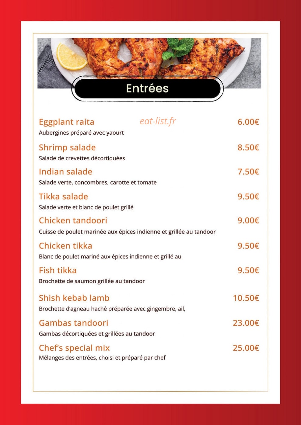 Carte et menu de Indian Masala à Saint Julien en Genevois — Les entrées suite
