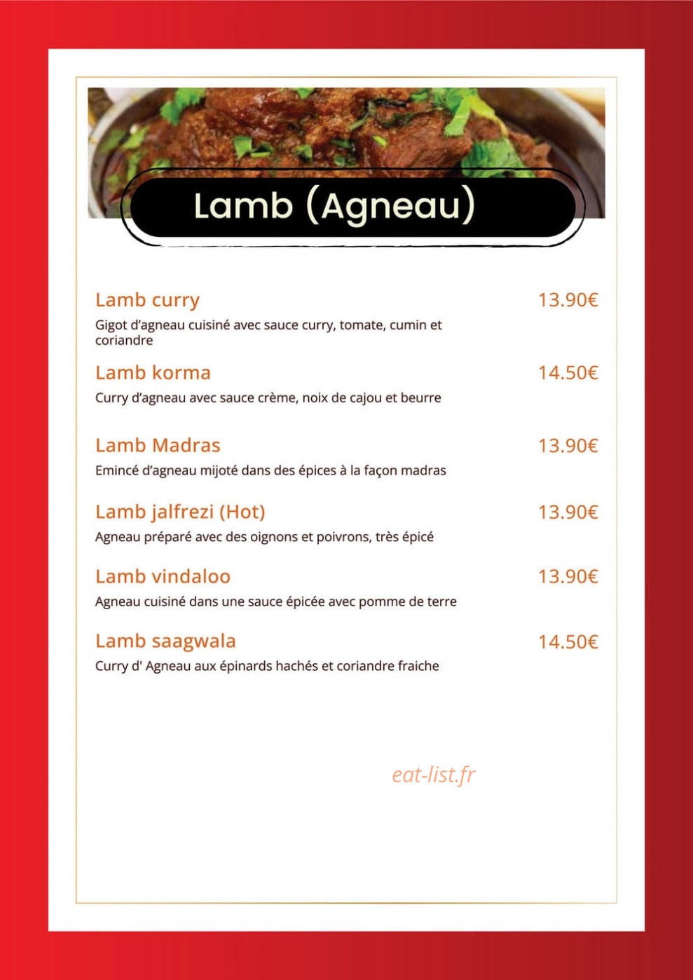 Carte et menu de Indian Masala à Saint Julien en Genevois — Les agneaux