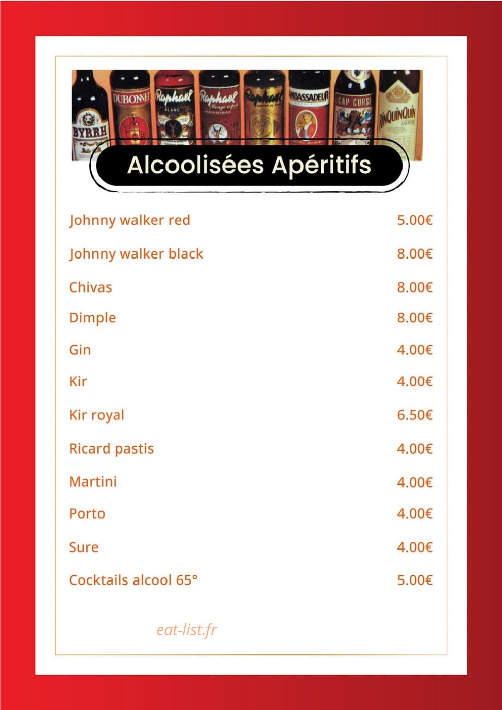 Carte et menu de Indian Masala à Saint Julien en Genevois — Les alcoolisées apéritifs