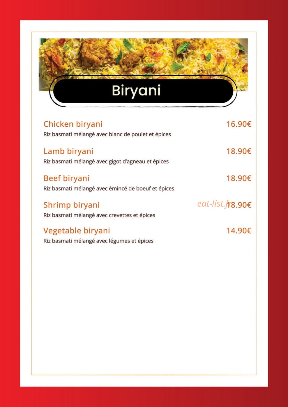Carte et menu de Indian Masala à Saint Julien en Genevois — Les biryanis