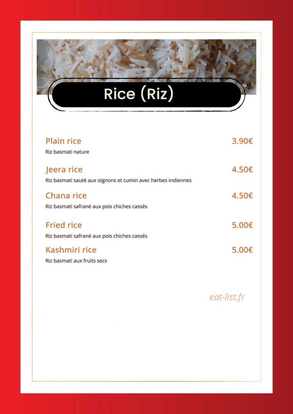 Carte et menu de Indian Masala à Saint Julien en Genevois — Les riz