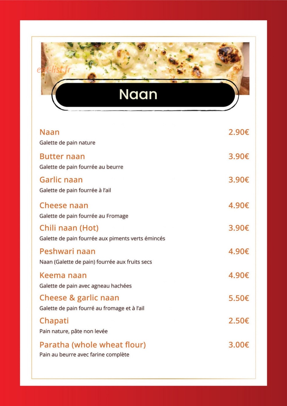 Carte et menu de Indian Masala à Saint Julien en Genevois — Les naans