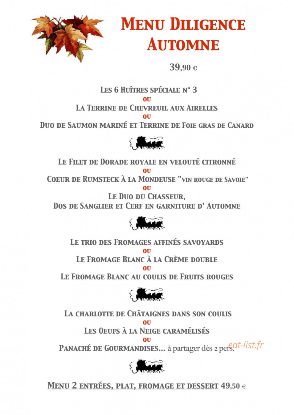 Carte et menu de La Diligence à Saint Julien en Genevois — Le menu diligence