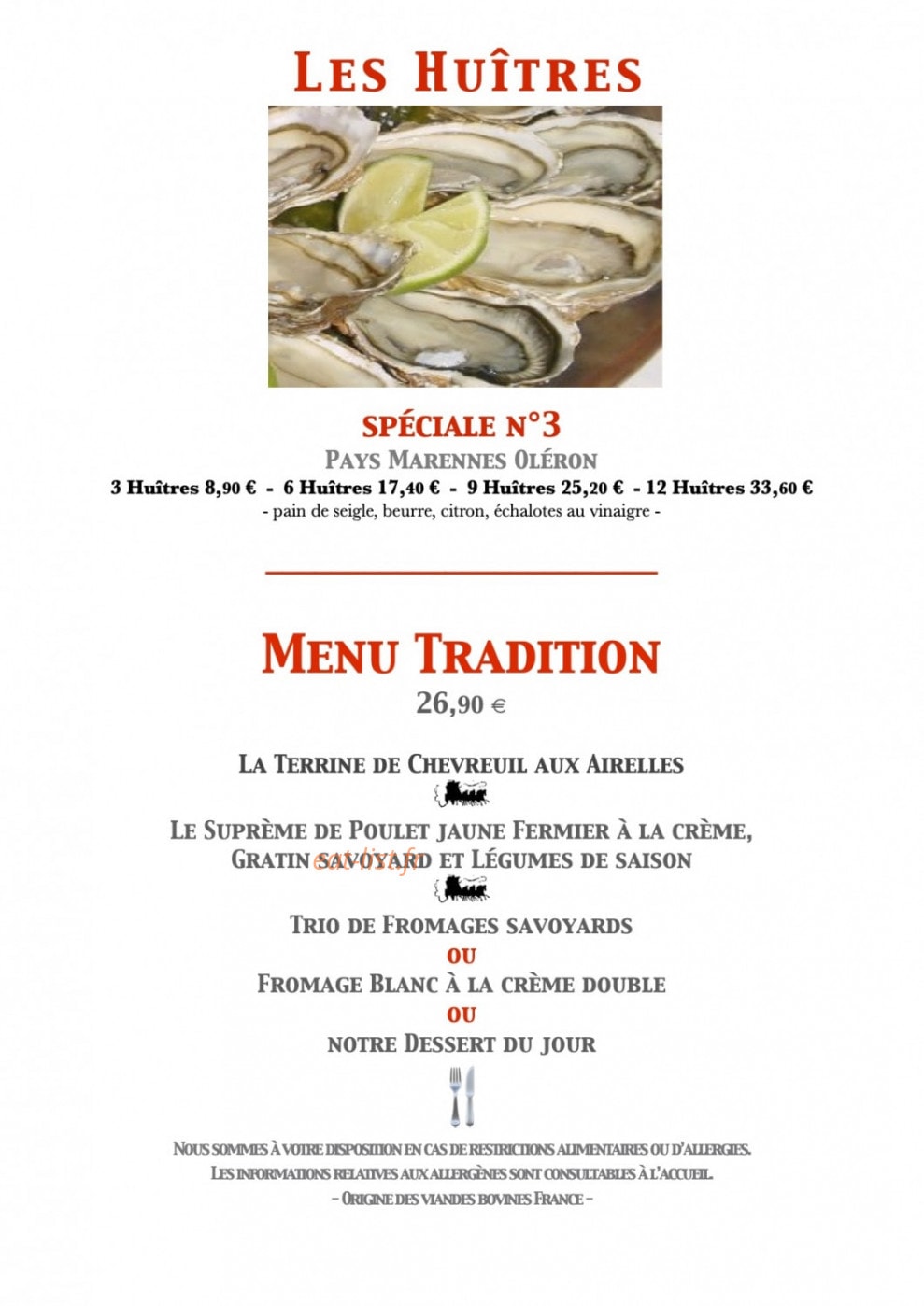 Carte et menu de La Diligence à Saint Julien en Genevois — Les huîtres et menu tradition