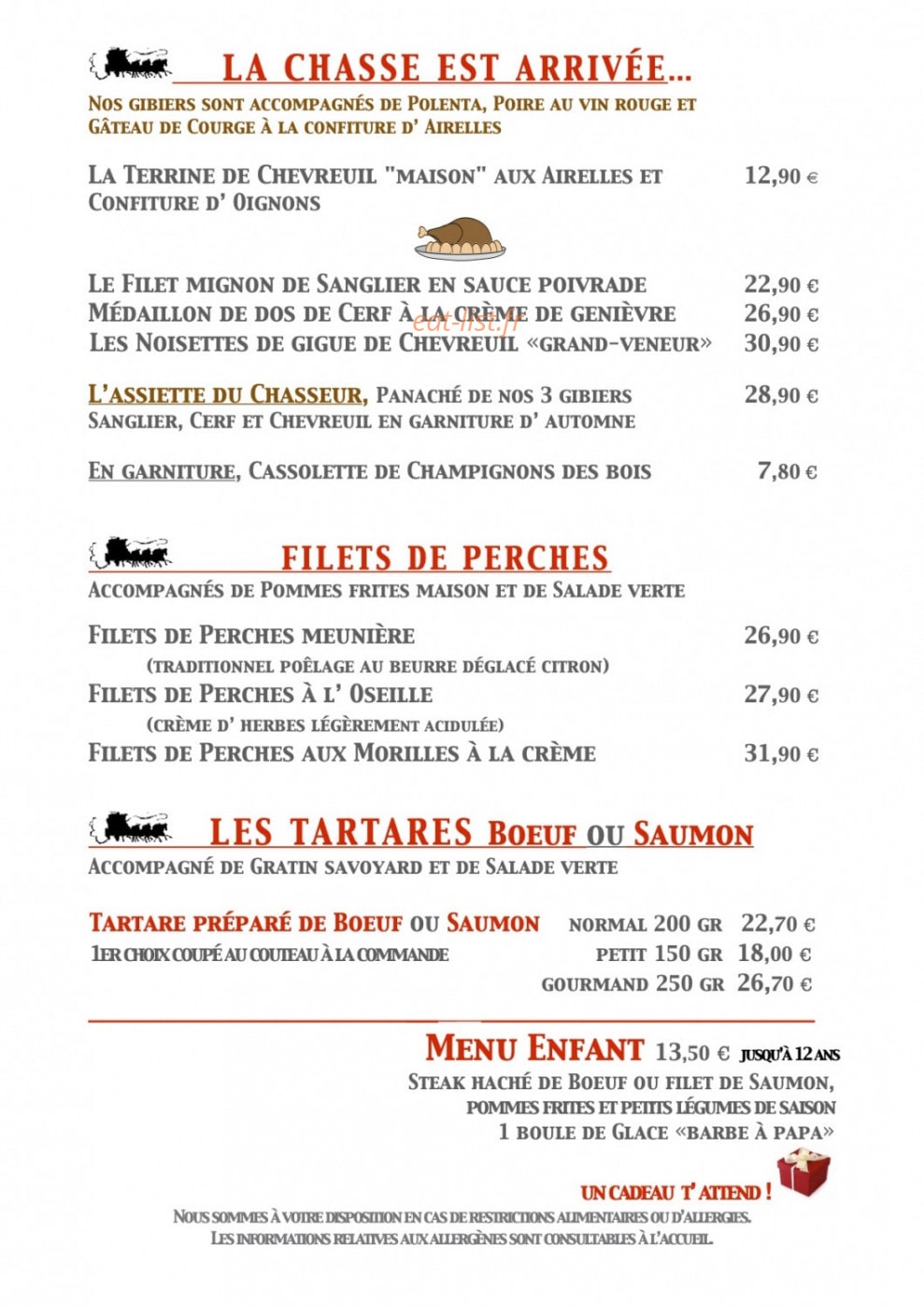 Carte et menu de La Diligence à Saint Julien en Genevois — Les viandes, filets de perches, tartares et menu enfant