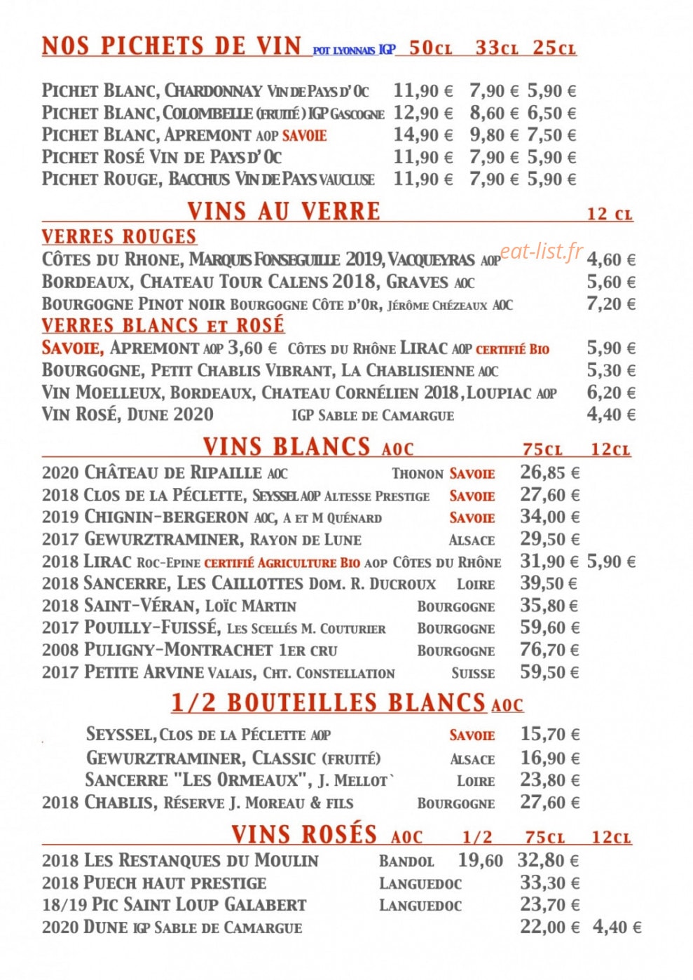 Carte et menu de La Diligence à Saint Julien en Genevois — Les vins