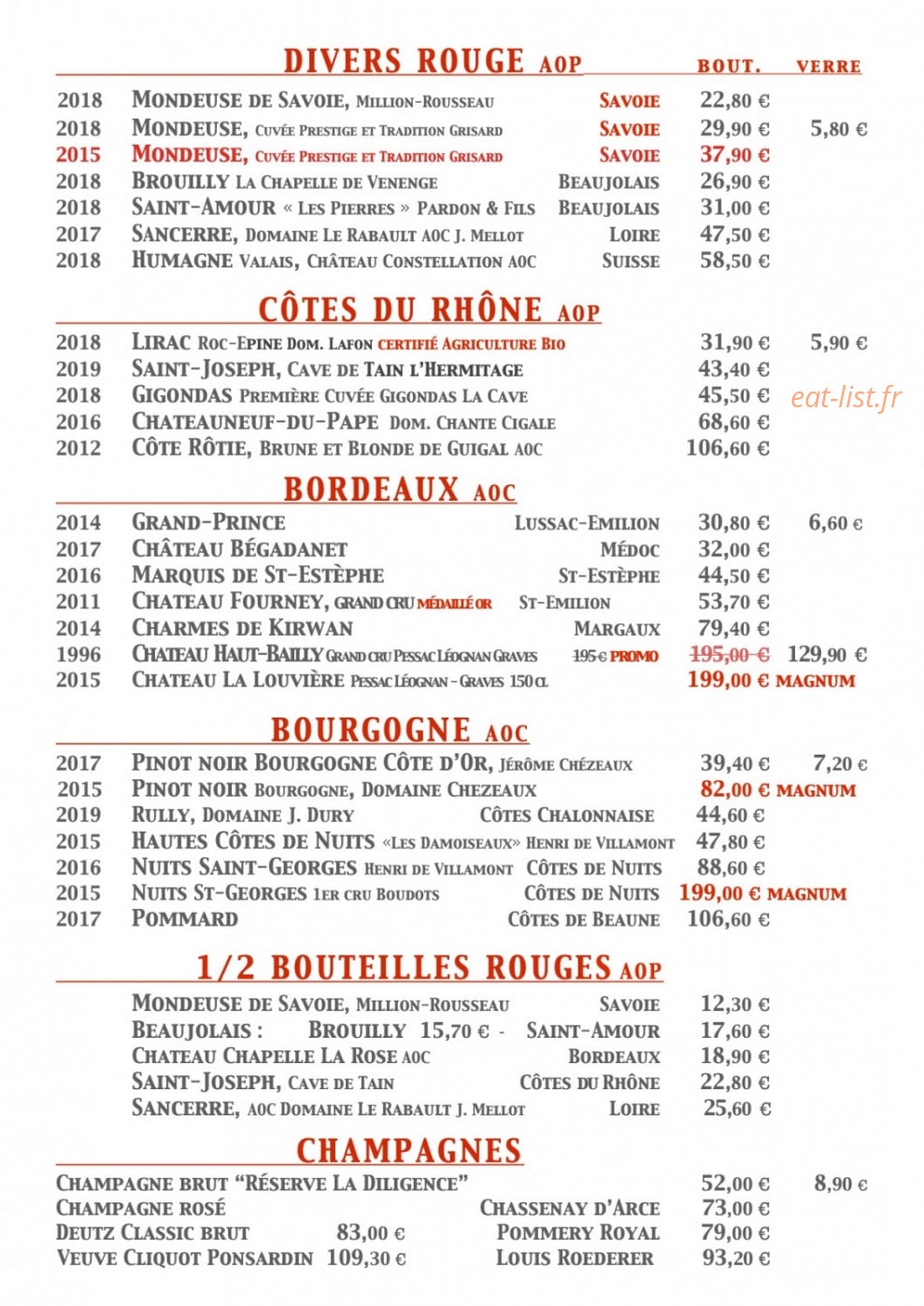 Carte et menu de La Diligence à Saint Julien en Genevois — Les vins suite