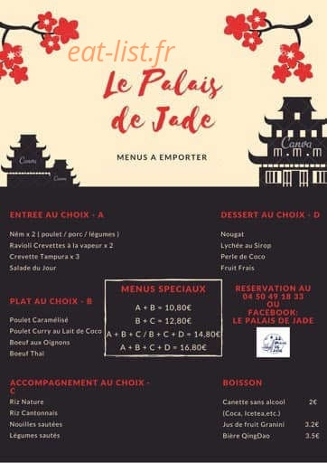 Carte et menu de Le Palais de Jade à Saint Julien en Genevois — Menu à emporter