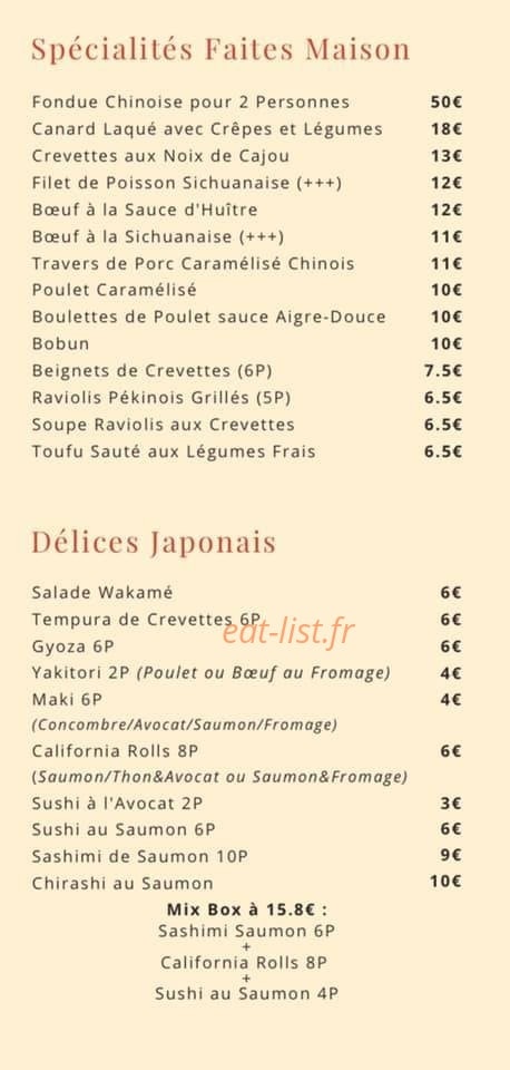 Carte et menu de Le Palais de Jade à Saint Julien en Genevois — Les spécialités faites maison et délices Japonais