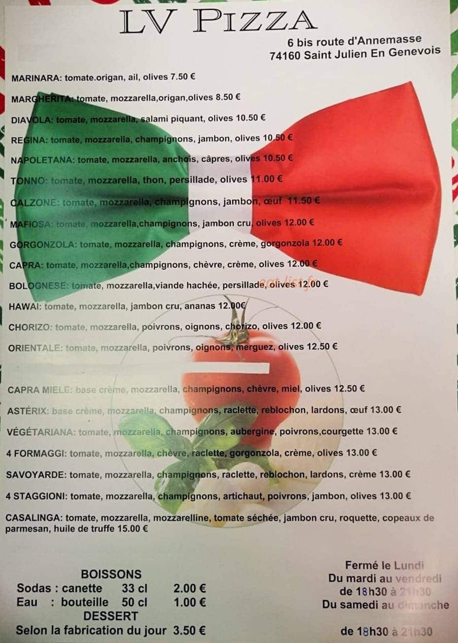 Carte et menu de LV Pizza à Saint Julien en Genevois — Les pizzas et boissons