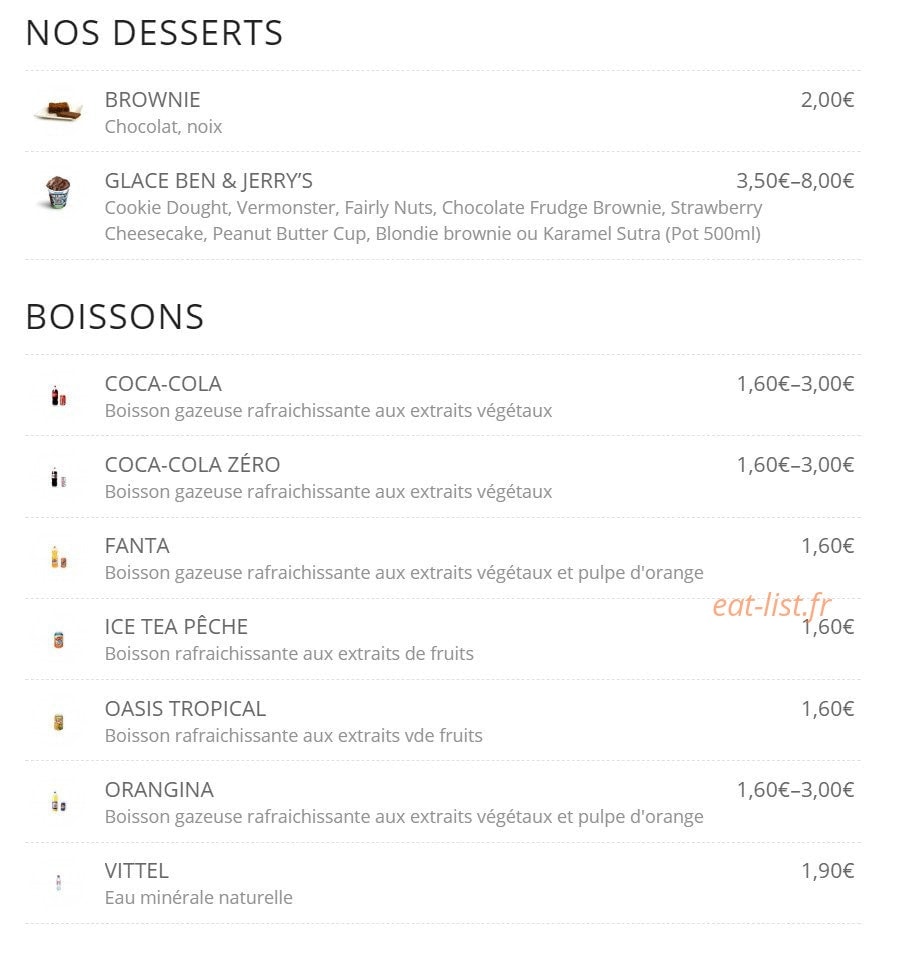 Carte et menu de Pizza bro's à Saint Julien en Genevois — Les desserts et boissons