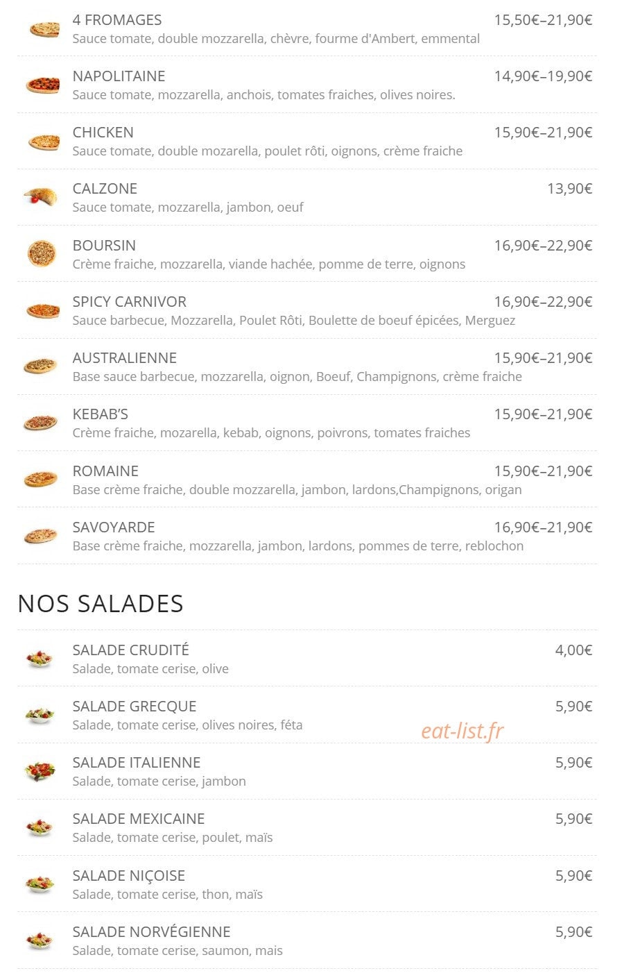 Carte et menu de Pizza bro's à Saint Julien en Genevois — Les pizzas suite et salades
