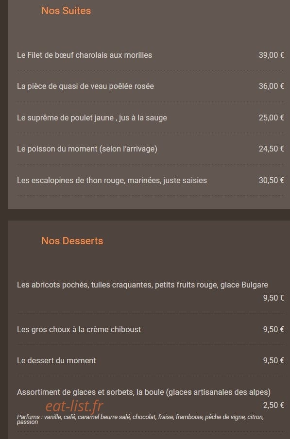 Carte et menu de Restaurant de la place Thairy à Saint Julien en Genevois — Les plats et desserts