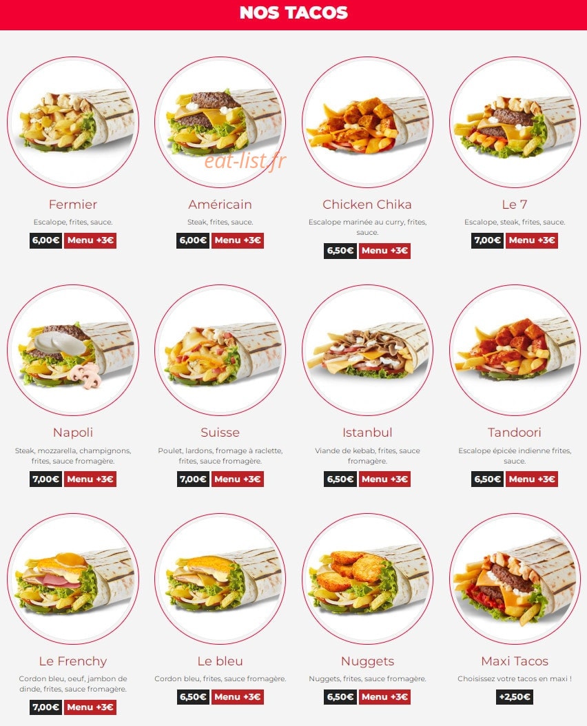 Carte et menu de Seven Food à Saint Julien en Genevois — Les tacos