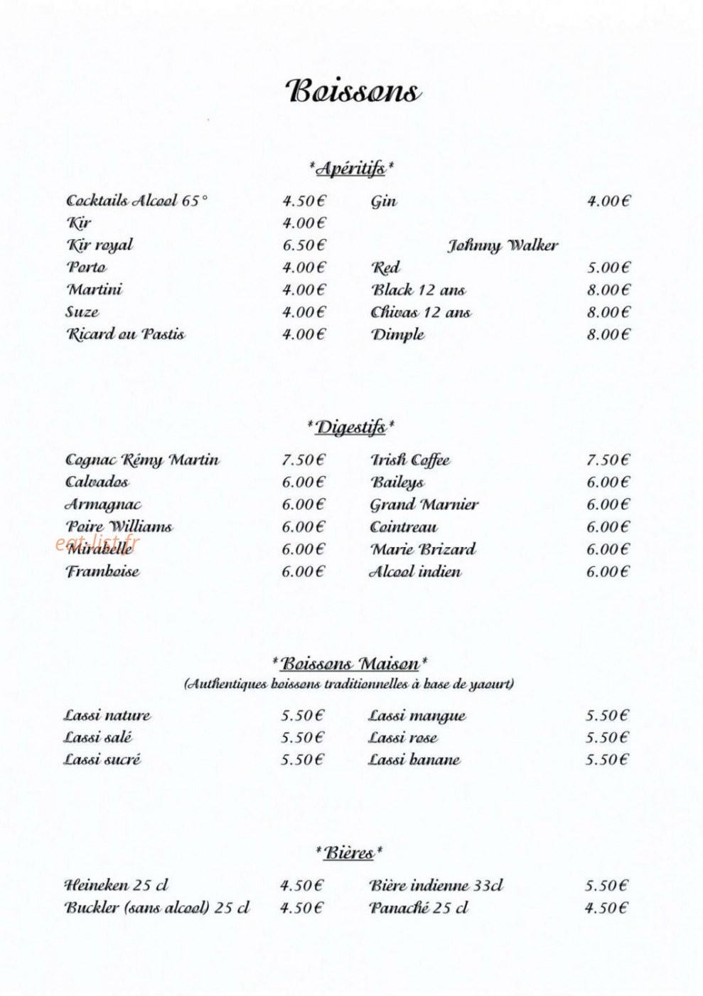 Carte et menu de Taj Mahal à Saint Julien en Genevois — Les boissons