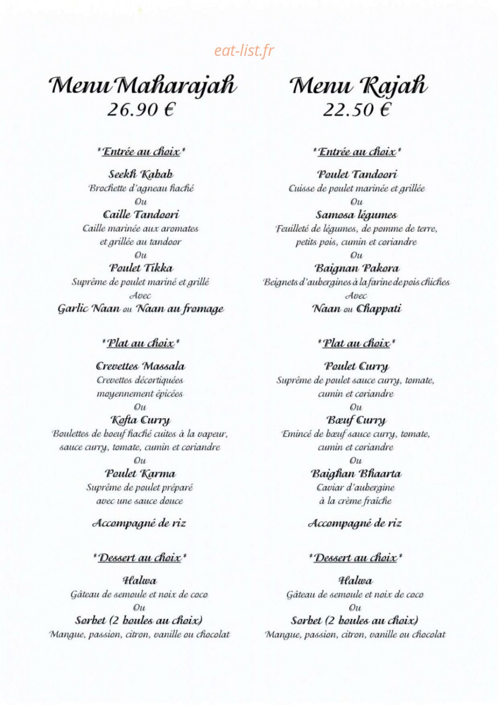 Carte et menu de Taj Mahal à Saint Julien en Genevois — Les menus