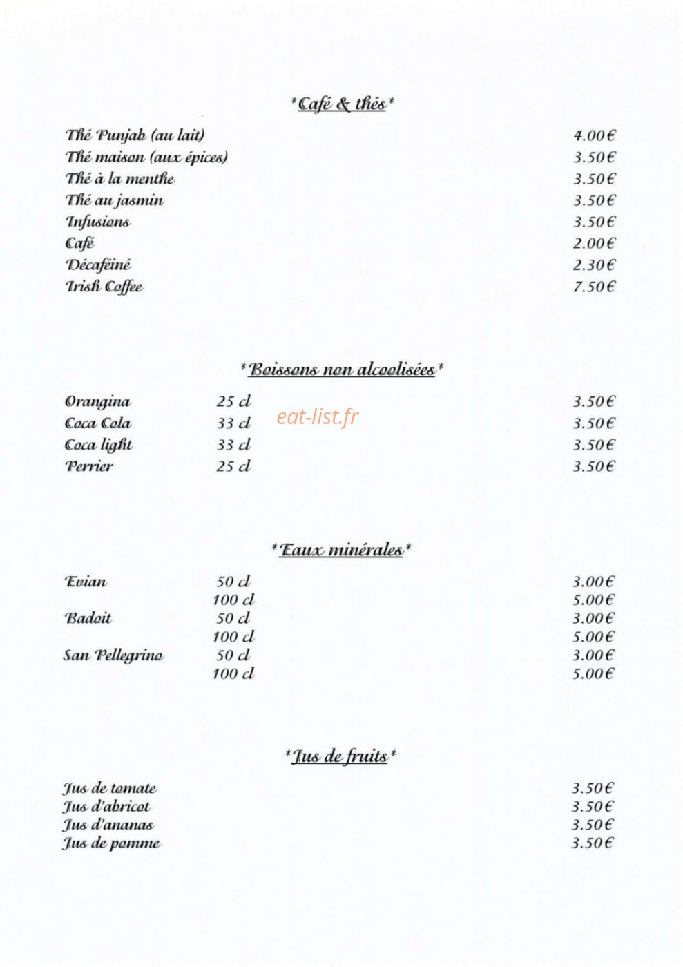 Carte et menu de Taj Mahal à Saint Julien en Genevois — Café, thés et eaux minérales, ...