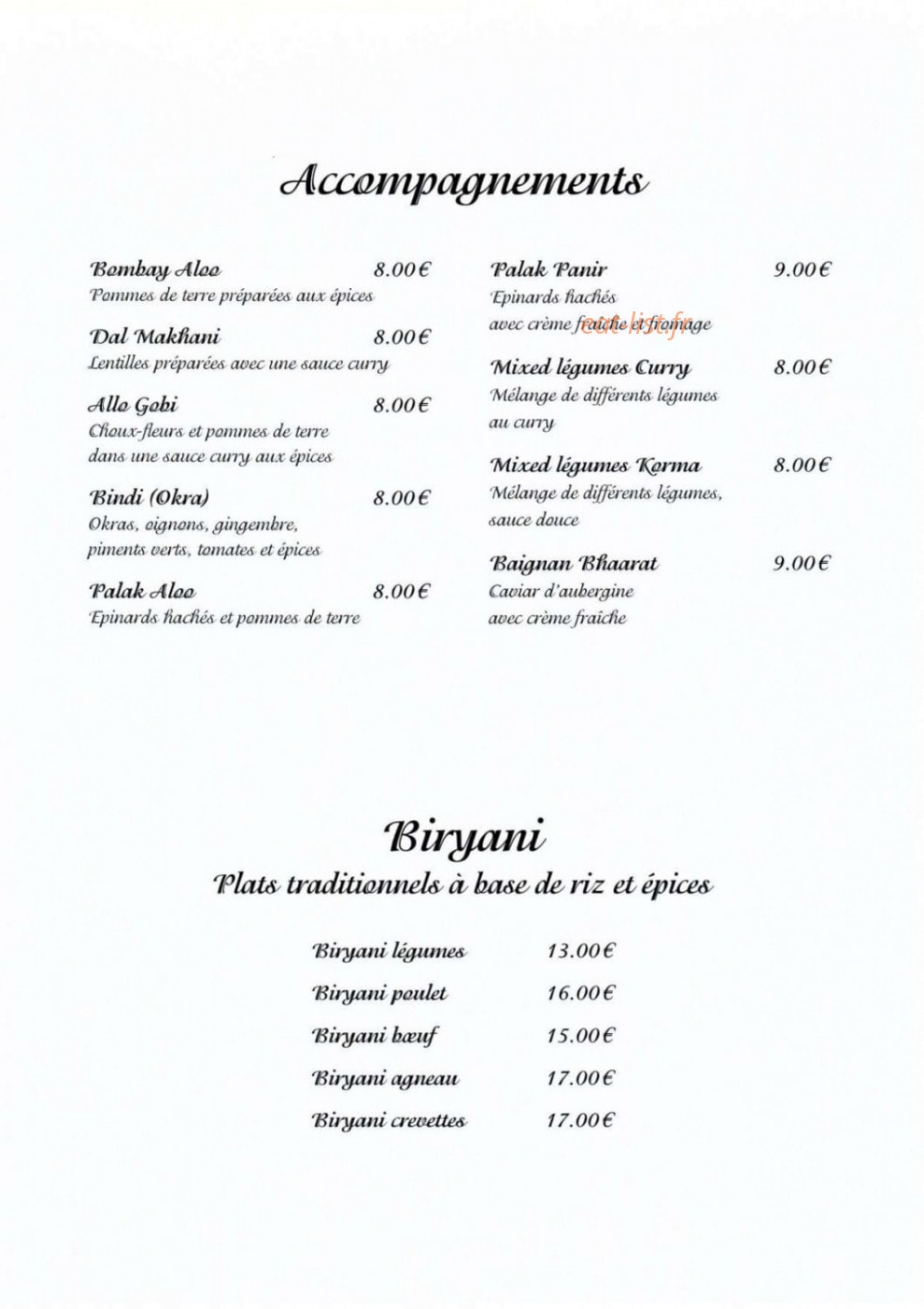 Carte et menu de Taj Mahal à Saint Julien en Genevois — Les accompagnements et biryani