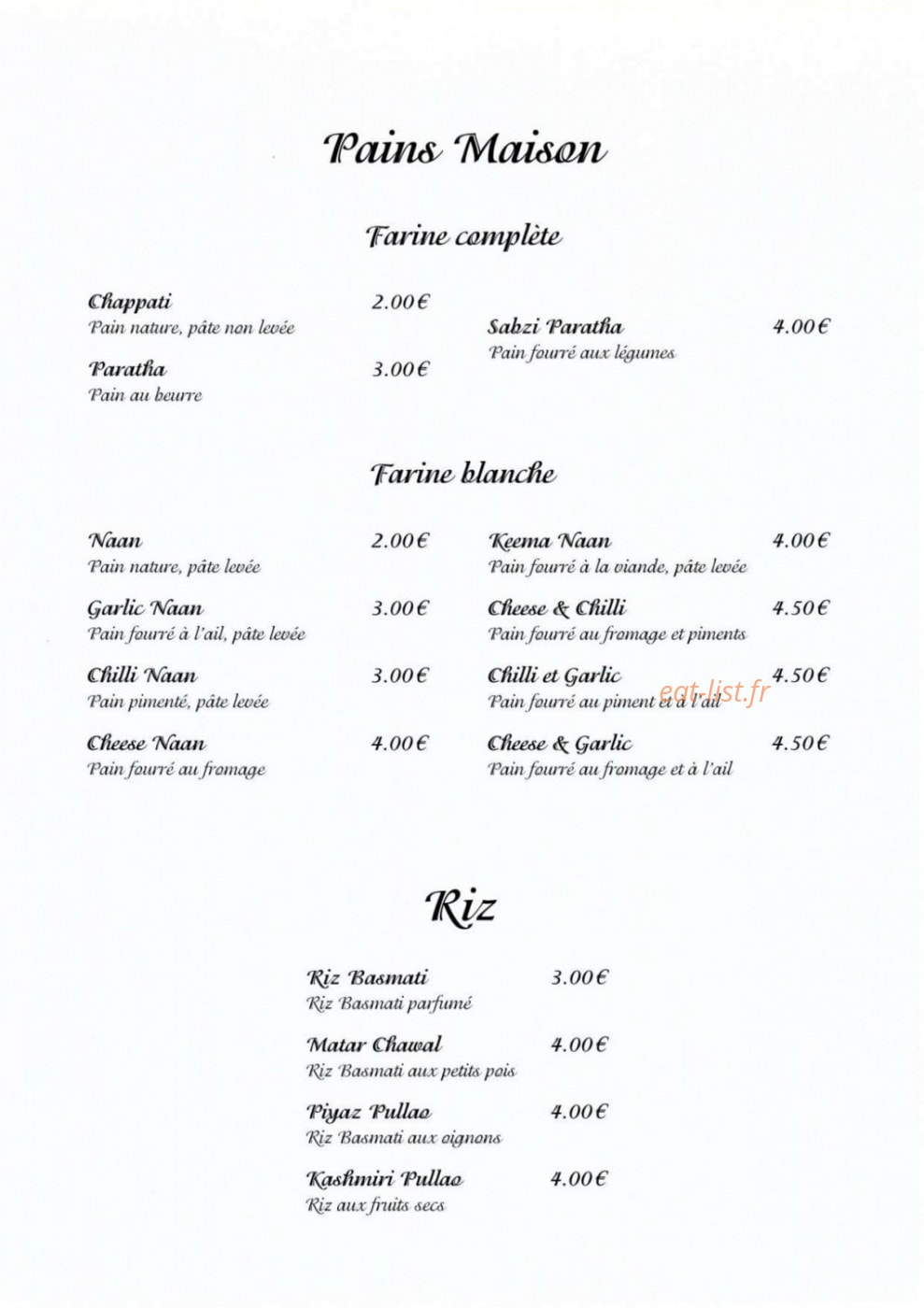 Carte et menu de Taj Mahal à Saint Julien en Genevois — Pains maison et riz