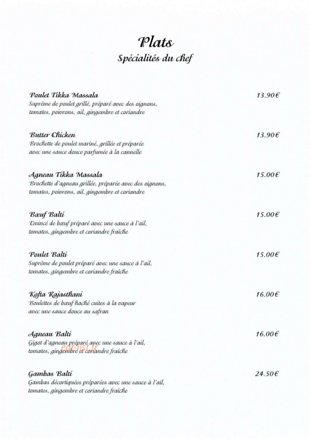 Carte et menu de Taj Mahal à Saint Julien en Genevois — Les plats spécialités du chef