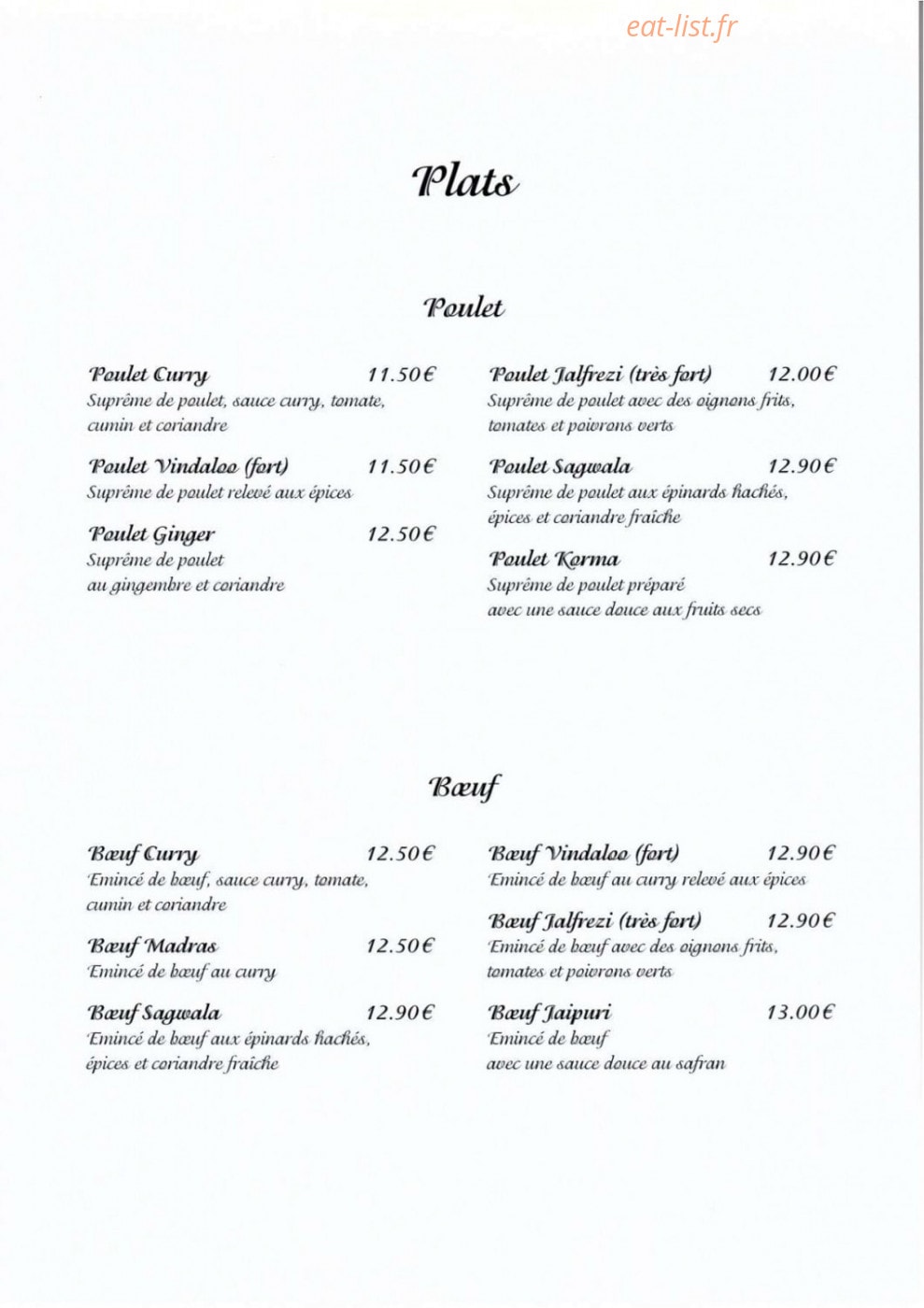 Carte et menu de Taj Mahal à Saint Julien en Genevois — Les plats et bœuf