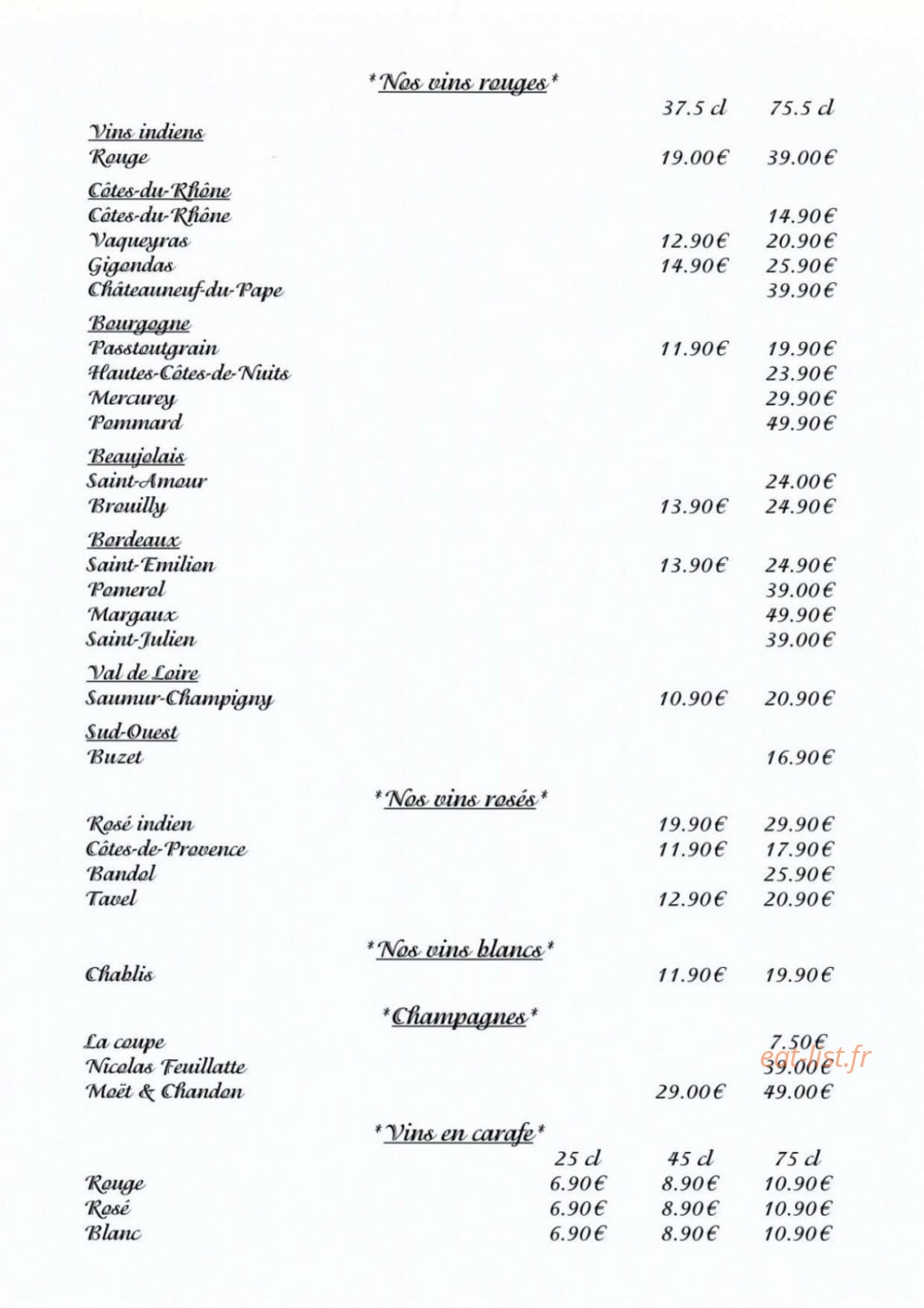 Carte et menu de Taj Mahal à Saint Julien en Genevois — Les vins