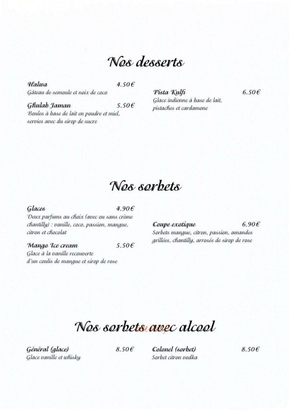 Carte et menu de Taj Mahal à Saint Julien en Genevois — Les desserts et sorbets