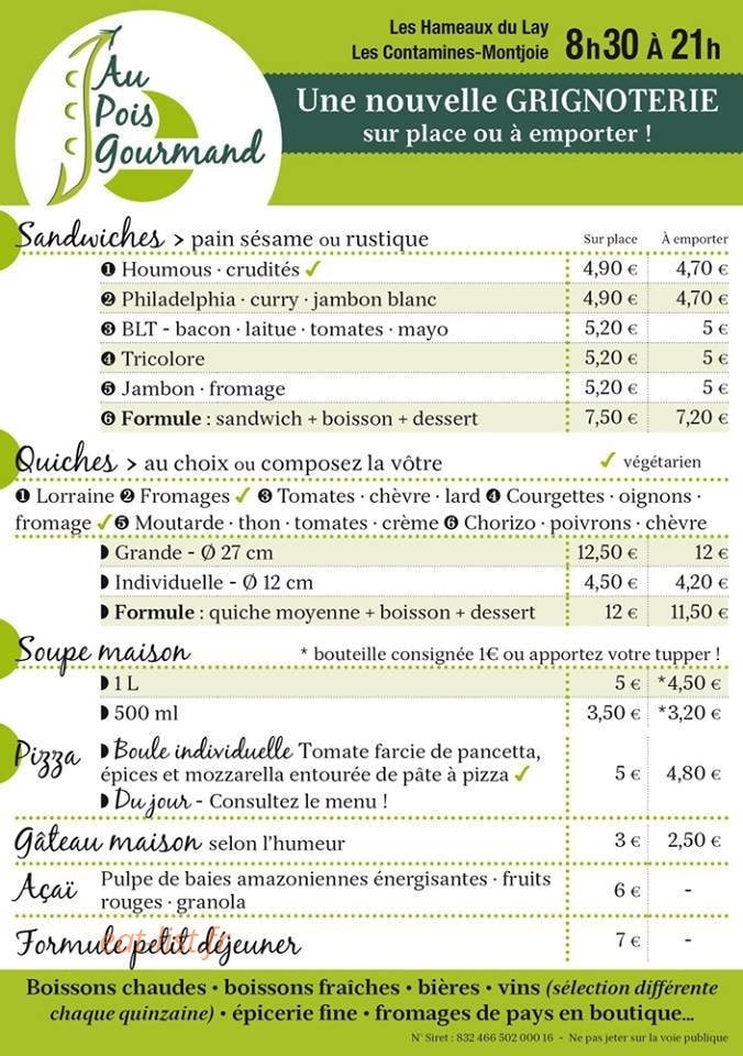 Carte et menu de Au Pois Gourmand à Les Contamines Montjoie — Sandwiches, quiches, soupes