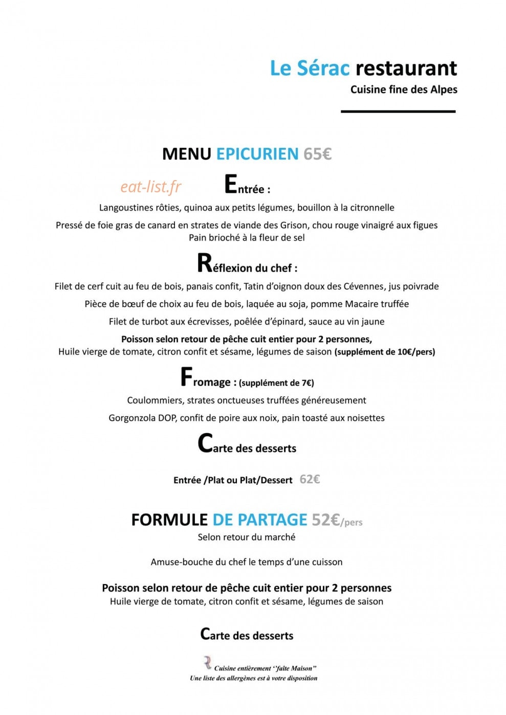 Bistrot sérac — carte page 1