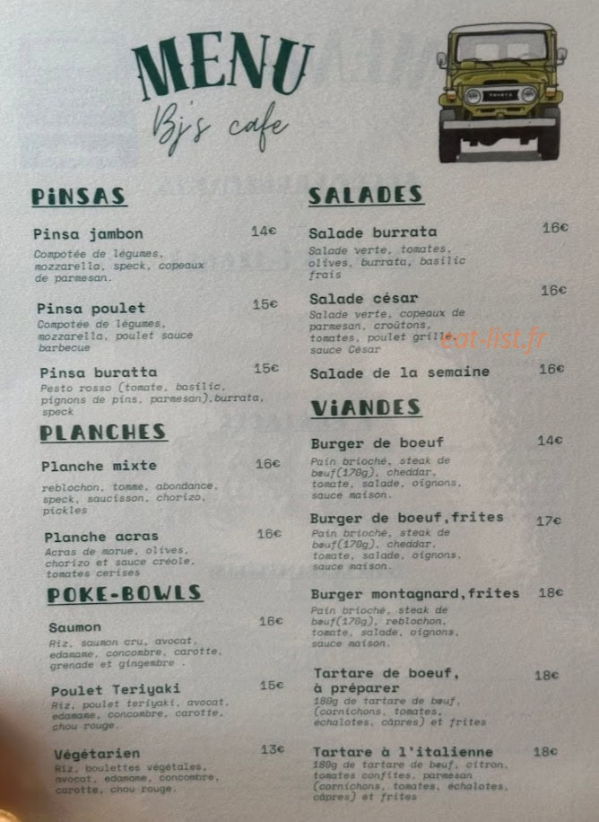 BJ's café — carte page 1
