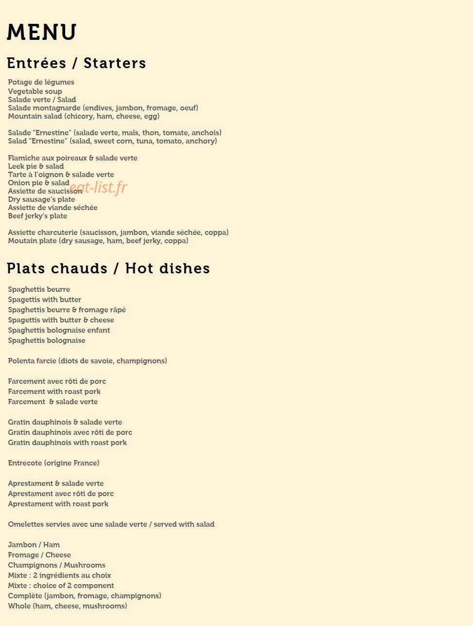 Chez Ernestine — carte page 1