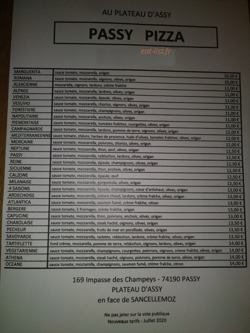 Passy pizza — carte page 1