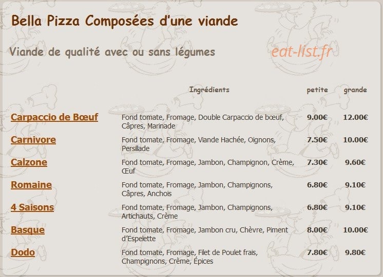 Bella Pizza — carte page 2