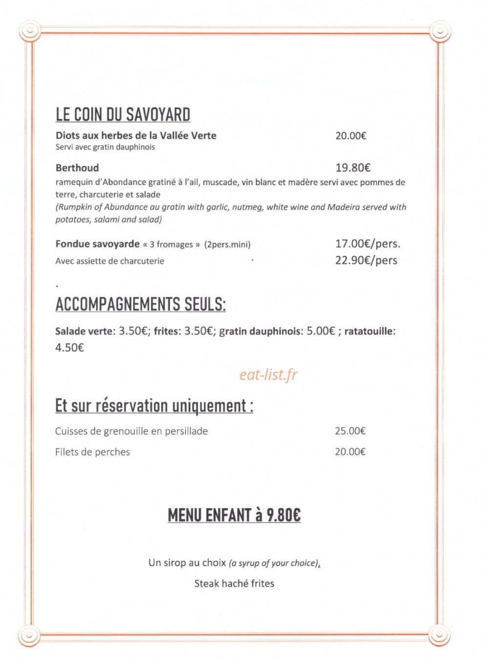 Auberge le bois du Cornet — carte page 2