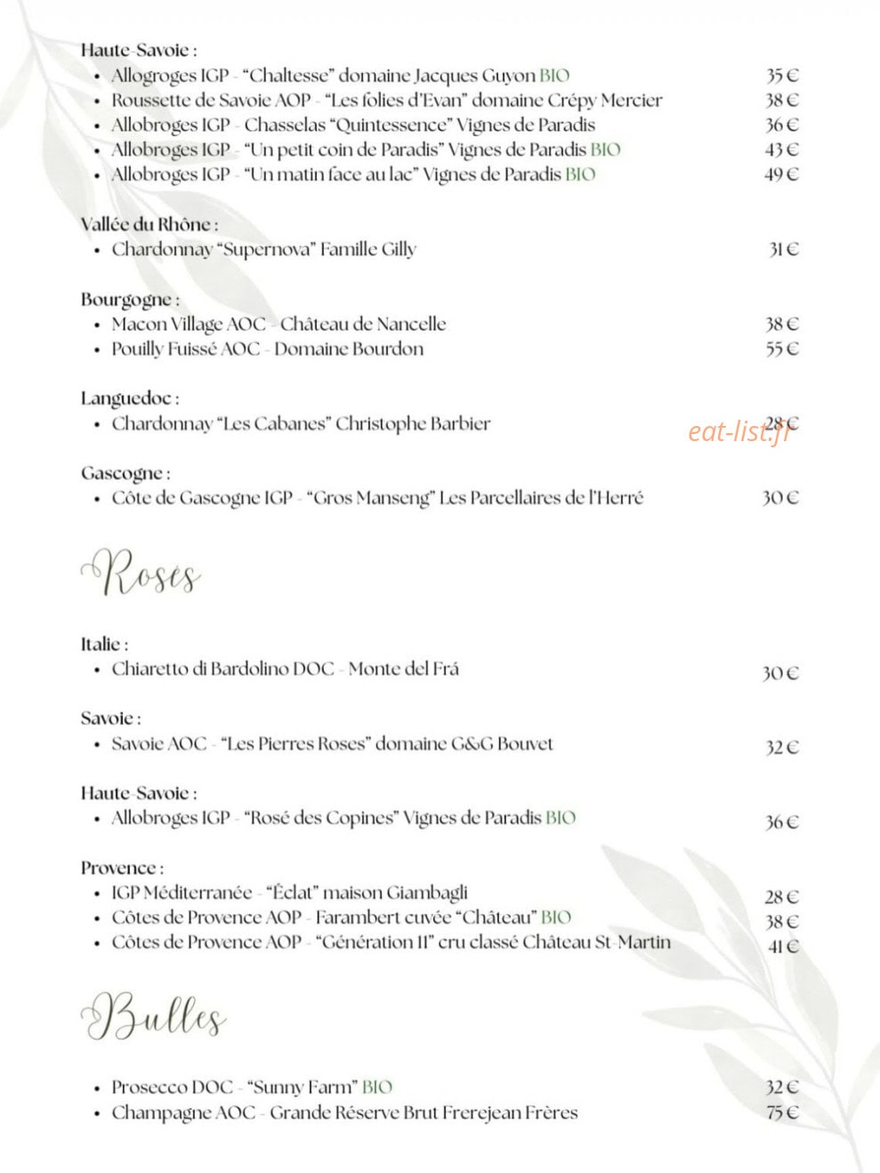 Carte et menu de Le Redon à Margencel — Les vins