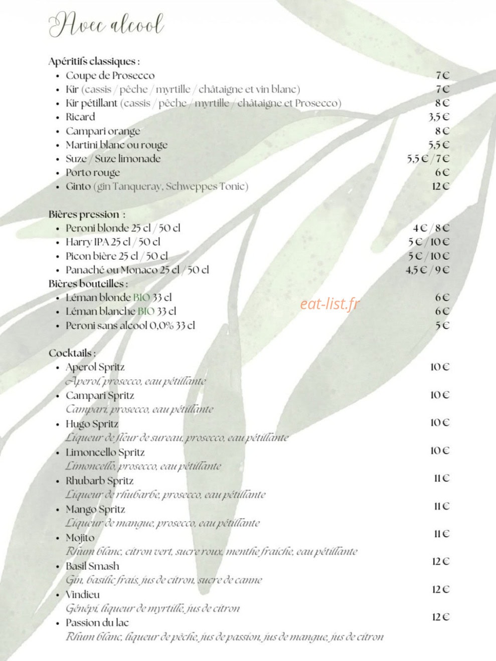 Carte et menu de Le Redon à Margencel — Avec alcool