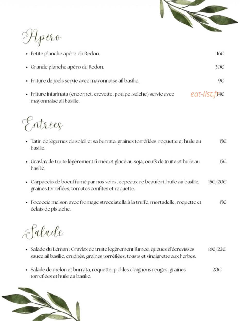 Carte et menu de Le Redon à Margencel — Apéro, entrées, salades